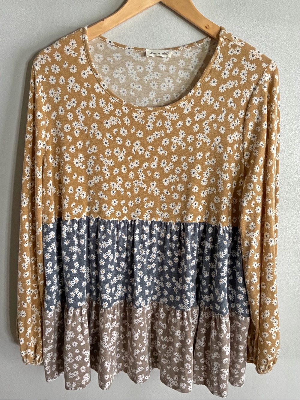 Lime + Chili Floral Babydoll Top XL Mustard Colorblock Tiered Boho Long Sleeve